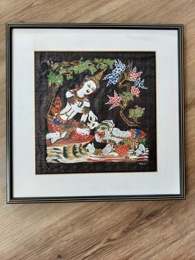 Vintage Thai Hand Painted On Silk Framed Wall Art - Batik Technique